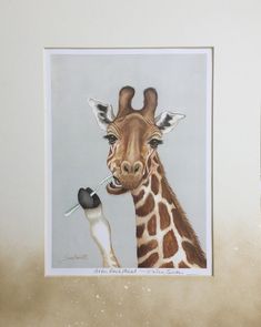 a painting of a giraffe with a bird in it's mouth next to him