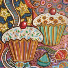 a painting of cupcakes and candy on a table