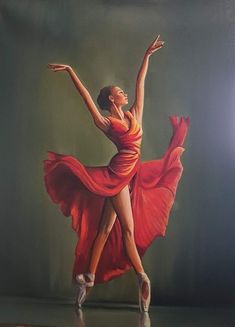 a painting of a woman in a red dress with her arms outstretched and legs spread out