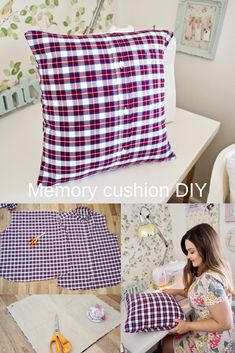 a collage of photos showing how to make a cushion