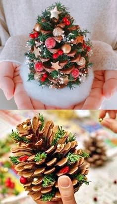 pine cone christmas tree with ornaments on top, and in the bottom two pictures are photoshopped together