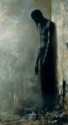 a painting of a man standing in front of a wall with water dripping on it