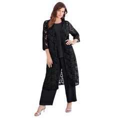 Roaman's Women's Plus Size Three-Piece Lace Duster & Pant Suit Formal Evening Wear Set, Mother Of The Bride Outfit.Easy elegance, achieved! An allover lace duster with bell sleeves tops off a sleeveless, georgette top and pull-on, wide-leg pants with an elastic waist. Open-front jacket. Jacket: 48" length; top: 26" length; pants: 29" inseam; Petite jacket: 48" length; top: 25.5" length; pants: 27" inseamPoly georgetteMachine washImported . About the brand: Roamans is known for our fashionable plus size clothing. Weve made it our goal to provide clothing for plus size women that doesnt scream plus size but matches the fun styles of current fashion trends instead. Roaman's creates women's plus fashion that is flattering, feminine, and unique. Roamans is the perfect blend of fashion, fit and Lace Duster, Formal Evening Wear, Georgette Tops, Petite Jacket, Pant Suit, Plus Size Pants, Swimsuits For All, Ladies Of London, Chic Outfit