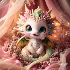 a small white dragon sitting on top of pink flowers