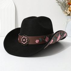 Super Cute And Stylish Ships In 5-10 Business Days Black Felt Hat For Spring Rodeo, Black Embroidered Bohemian Hat, Bohemian Black Embroidered Hat, Black Western Style Felt Hat For Spring, Vera Bradley Laptop Case, Rose Accessories, Vintage Chanel Handbags, Pink Embroidery, Rose Black