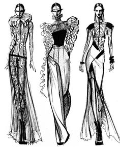 three fashion models in evening gowns