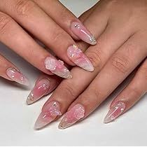 Nails With 3d Flowers, Pink Fake Nails, Press On Nails Pink, Glossy Nails, Butterflies Design, Usa Nails, Nails Glossy, Minimalist Tattoos, Nail Envy