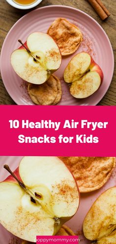 healthy air fryer snacks for kids with apples and cinnamons on the side, including pancakes