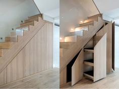 there is a wooden staircase in the house with storage underneath it and another stair case below