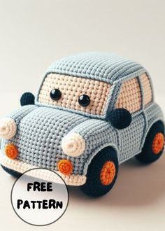 a crocheted toy car is shown with the text free pattern below it to make it