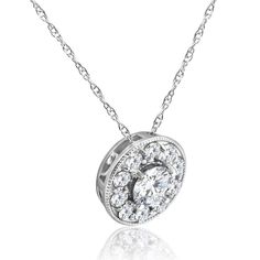 This women's solitaire pendant features a 3/8CT round brilliant cut natural diamond and 14 round cut accent diamonds set in solid 14k white gold. An 18" 14k white gold chain is included. 9mm Lab Grown Diamond Necklace With Round Pendant, Diamond Necklace With Diamond Accents, Anniversary Diamond Necklace With Round Stone Accents, 14k White Gold Diamond Necklace With Round Accents, Diamond Solitaire Pendant, Solitaire Diamond Pendant, White Gold Chain, Round Halo, Gold G