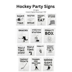 hockey party signs are shown in black and white