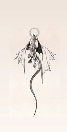 a black and white drawing of a dragon with wings on it's back, flying through the air