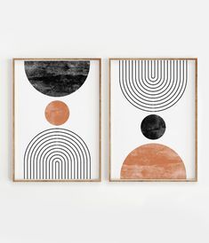 two framed art pieces with black and orange circles