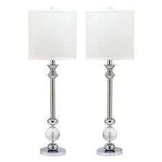 pair of chrome finish table lamps with white linen shades