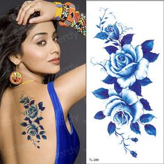 a woman with tattoos on her back next to an image of roses and leaves tattoo