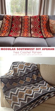 a couch that has some blankets on it and is next to a window with the words modular southwest diy afghan