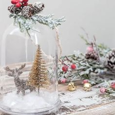 a glass bell jar filled with snow and christmas decorations