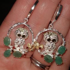 Artistic Owl Earrings Natural Emeralds With Garnet Accents And Peridot Head Feathers Sterling Silver Stamped And Acid Tested Owl Earrings, Emerald Color, Natural Emerald, Garnet, Feathers, Emerald, Jewelry Earrings, Size 2, Womens Sizes