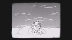 an animated image of a man in the clouds talking on a cell phone with his eyes closed