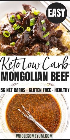 the recipe for keto low carb beef is shown in two different images with text overlay