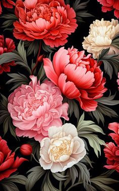 a bunch of flowers that are in the middle of a black background with red, white and pink flowers