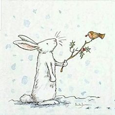 a drawing of a rabbit holding a branch with a bird on it