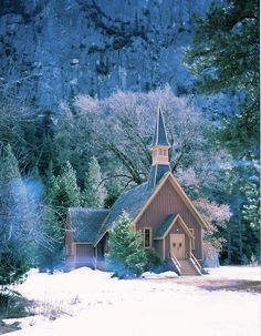 a church with a steeple surrounded by trees and snow