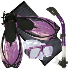 a purple and black scuba set with goggles, snorkels and flippers