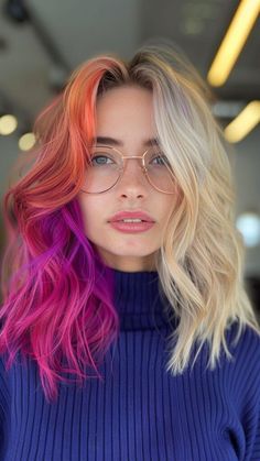 Non Traditional Hair Color Ideas, Blonde And Vibrant Hair, 2 Different Hair Colors Half, Fun Dyed Hair Ideas, Hair Dye Ideas Blonde Color Trends, Underlayer Hair Color Blondes, Cool Tone Vivid Hair Color, Asymmetrical Hair Color, Fantasy Color Hair Ideas