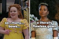 two different pictures of women in gowns and tiaras, one with words that read so many literally flamless gowns