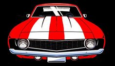 a red and white muscle car with stripes on it's front end, in the dark