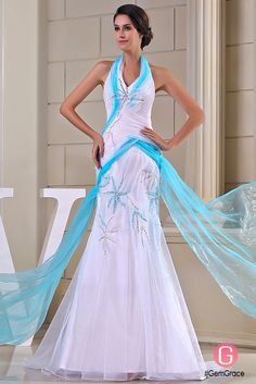 Beaded white with blue colored wedding dress Wedding Dress Blue Accent, Turquoise Wedding Dresses, Turquoise Bridesmaid Dresses, Informal Wedding Dresses, Beach Bridesmaid Dresses, Colored Wedding Dress, Beach Wedding Gown, Tulle Evening Dress, Evening Dresses Online