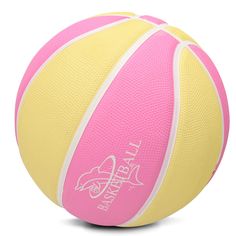 a yellow and pink ball with white writing on it