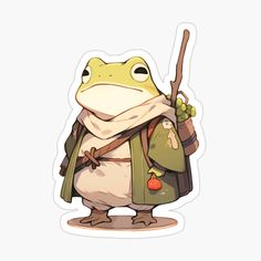 a frog with a backpack and a sticker