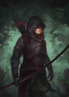 a man in a hooded outfit holding a bow and arrow while standing in the woods