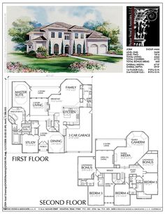 the first floor and second story plan for a house with three floors, two car garages