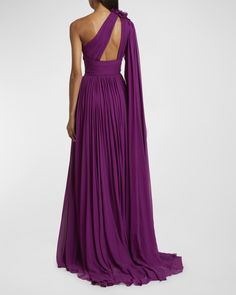 Elie Saab Purple Dress, One-shoulder Gown With Ruched Bodice For Gala, Pre-draped Chiffon Maxi Dress With Fitted Bodice, Pre-draped One Shoulder Floor-length Evening Dress, Chiffon Floor-length Gown For Gala, One-shoulder Fitted Bodice Pre-draped Gown, One Shoulder Pre-draped Gown With Fitted Bodice, Pre-draped Evening Gown With Sweep Train, Pre-draped Chiffon Gala Dresses