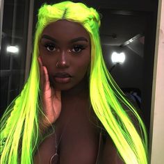 Meesha 24” Neon Green Lace Front Wig *Nwt* Arrives New Texture & Color As Shown Human Synthetic Blend Lace Front Wig 150-180% Density You Can Cut , Curl , And Style This Wig Heat Resistant On Low 22.5 In Circumference Hand Tied - Check My 5 Star Reviews You Could Cut The Front Lace To Blend As Your Own Hairline I Do Not Trade On Any Of My Wigs Don’t Forget To Bundle 2 Items Or More To Save 10% Off $$$ Neon Green Hair, Neon Hair, Green Wig, Dark Skin Beauty, Straight Lace Front Wigs, Dark Skin Women, Makati, Grunge Hair, Green Hair