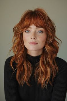 38 Awesome Medium-Length Hairstyles with Bangs Every Woman Needs to Tr – CreativeBooster Layered Copper Hair With Bangs, Red Hair Mid Length Styles, Auburn Two Tone Hair, Shag Hairstyles Red Hair, Redhead With Curtain Bangs, 70s Medium Length Haircut, Shag And Curtain Bangs, Mid Length Red Hair With Bangs, Fall Hair Curtain Bangs