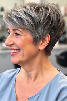 Steel Gray Pixie, silver pixie haircut, pixie hair color idea, pixie haircut, pixie hair color Pixie Haircut Grey, Silver Pixie Haircut, Pixie Hair Color, Gray Pixie, Haircut Pixie, Silver Pixie, Layered Haircuts For Women, Hair Color Idea, Hair Colour Ideas