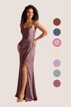 a woman in a long dress with different colors