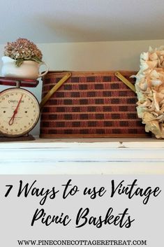 an old mantle with two clocks on it and the words 7 ways to use vintage plastic baskets