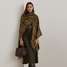 Detailed with faux-leather trim and fringed ends this cozy ruana features a fluid silhouette showcasing the season’s sophisticated plaid pattern. Ralph Lauren Coats, Ralph Lauren Scarves, Mauve Nails, Clothing Board, Curated Closet, Simply Fashion, Ralph Lauren Plaid, Winter 22, Fall Wear