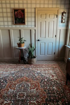 a room with a rug, potted plant and door