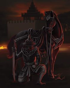 a painting of a man kneeling next to a horse in front of a castle at night