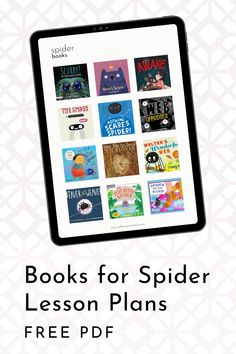 an ipad with the text books for spider lesson plans and free printables on it