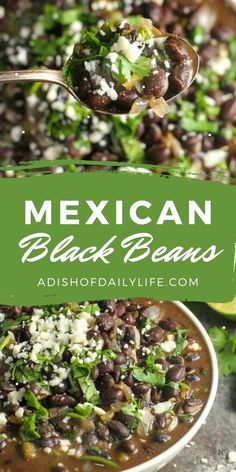 mexican black beans with cilantro, parsley and feta cheese in a white bowl