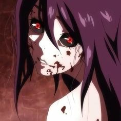 an anime character with red eyes and blood on her face is staring at the camera