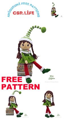 an image of a knitted doll in green and red